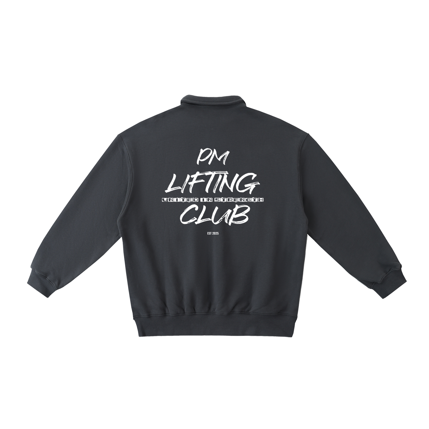 Black collared sweatshirt with 'PM Lifting Club' text on the back against a white background