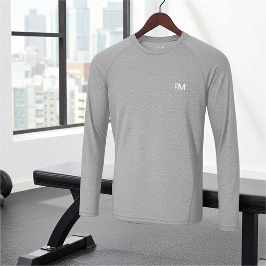 Gray long-sleeve shirt on a hanger in a gym setting