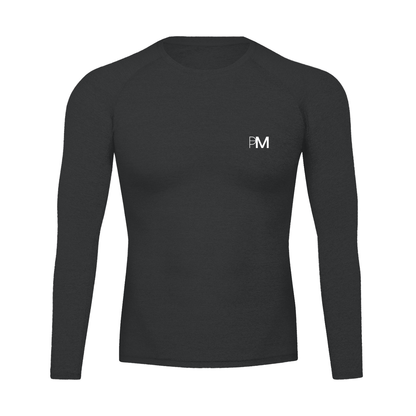 Black long-sleeve shirt with a logo on a white background