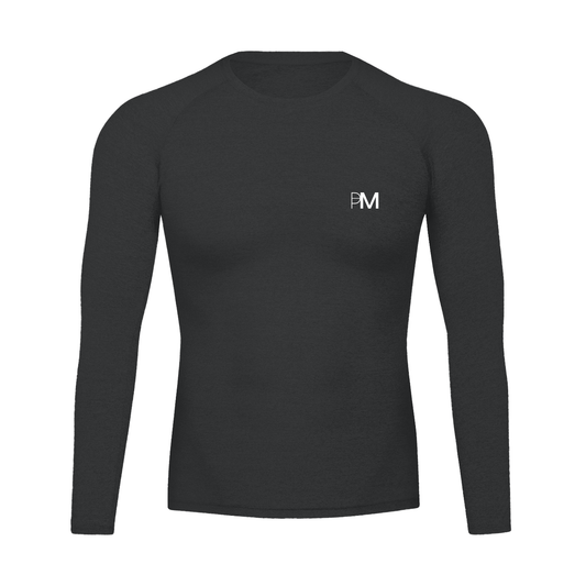 Black long-sleeve shirt with a logo on a white background