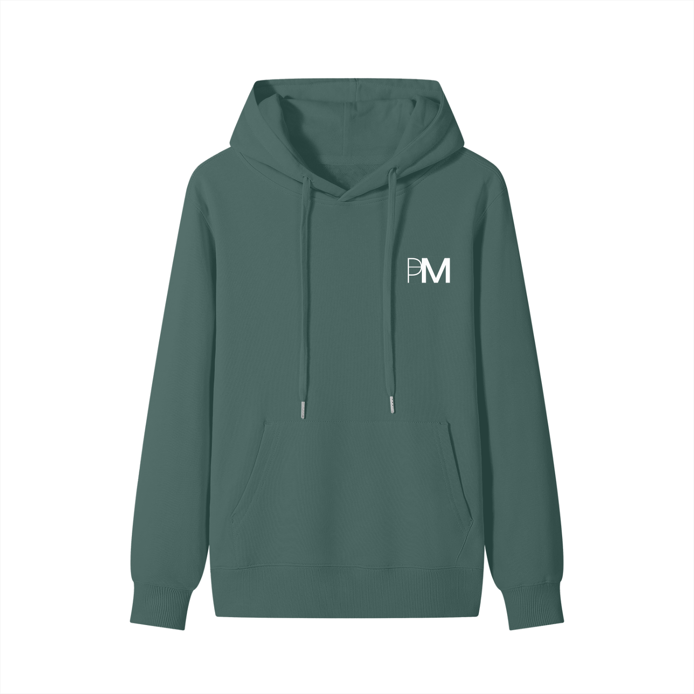 Green hoodie with a logo on the chest against a white background