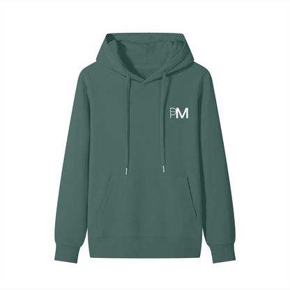 Green hoodie with a logo on the chest against a white background