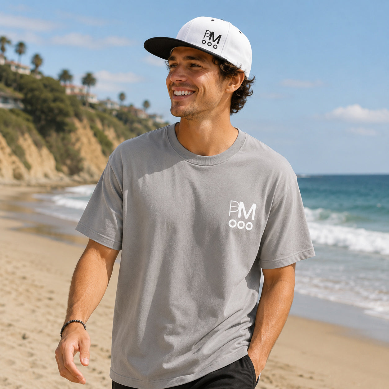 man on beach in tshirt and cap