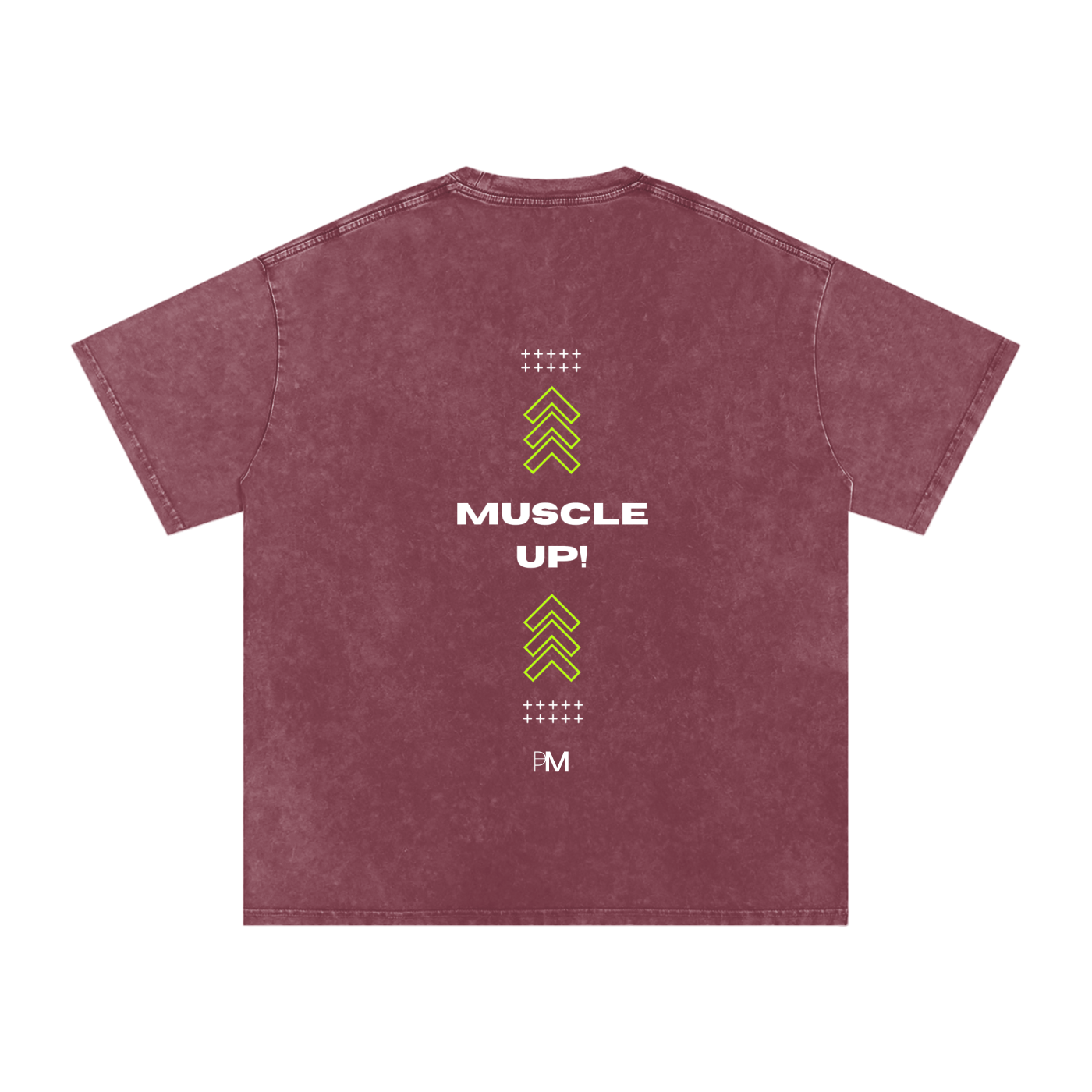 Maroon t-shirt with 'Muscle Up!' text and graphics on the back against a white background