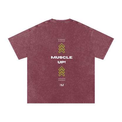 Maroon t-shirt with 'Muscle Up!' text and graphics on the back against a white background