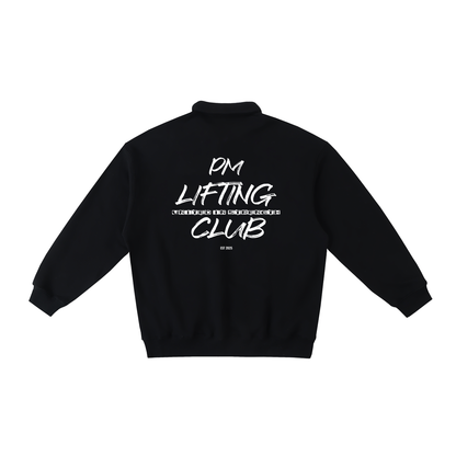 Black jacket with 'PM Lifting Club' text on the back against a white background