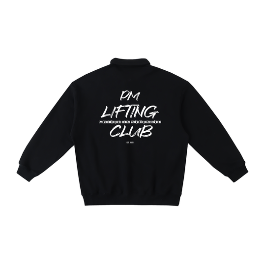 Black jacket with 'PM Lifting Club' text on the back against a white background