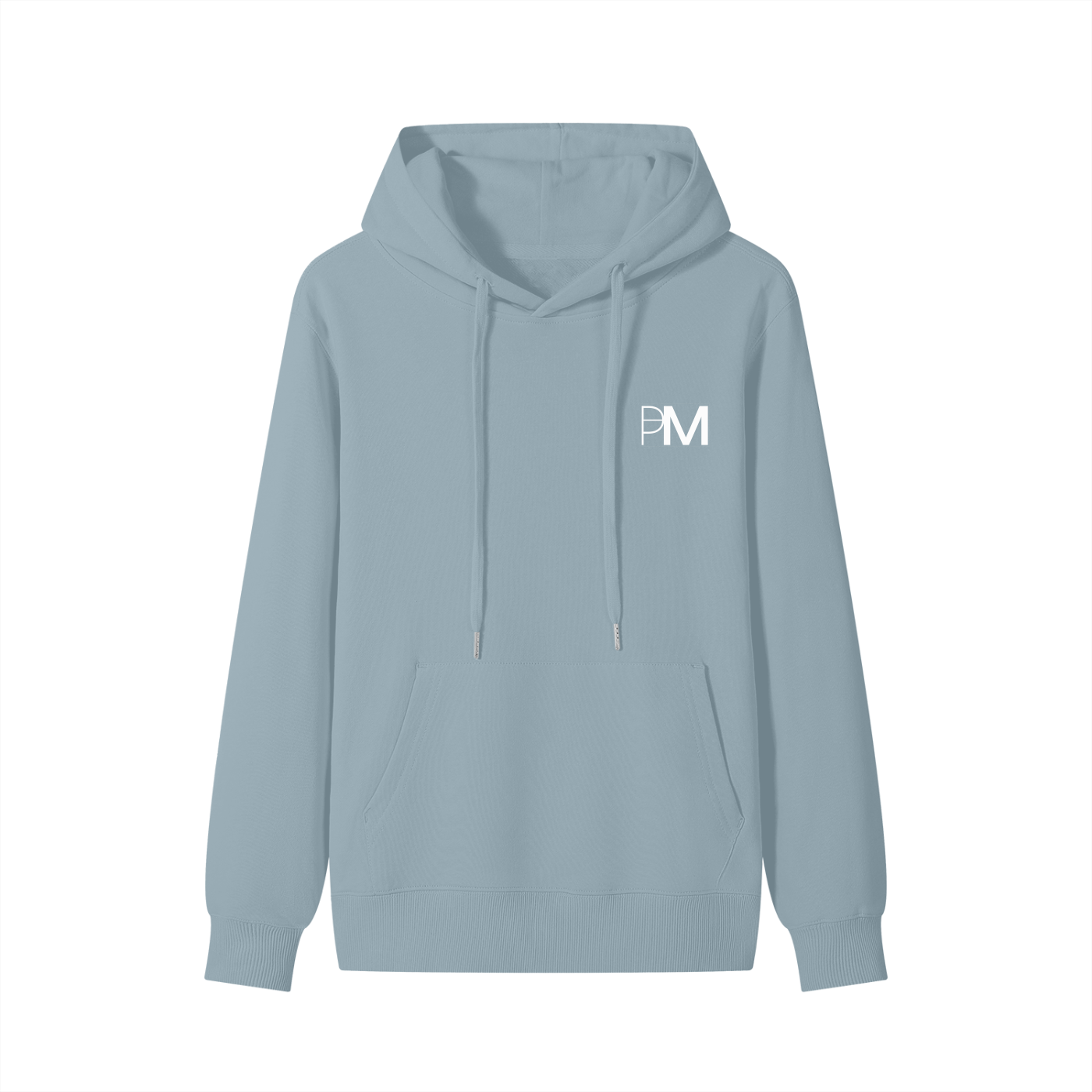 Light blue hoodie with a logo on the chest against a white background