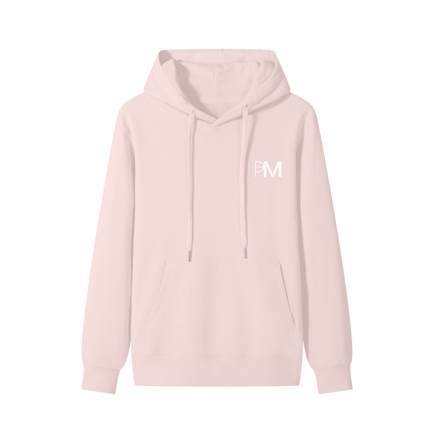Pink hoodie with a logo on the chest against a white background