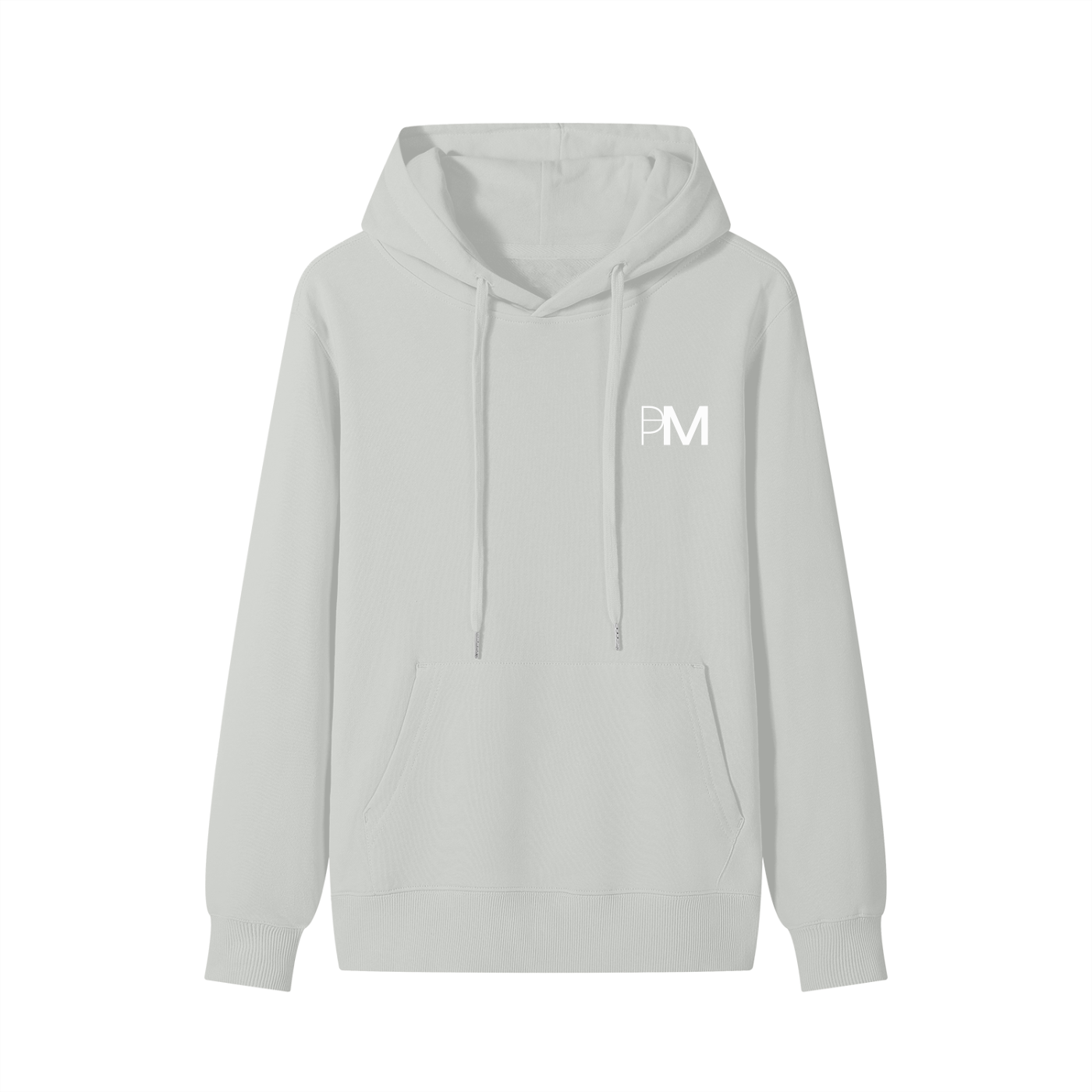 Light gray hoodie with a logo on the chest against a white background