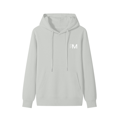 Light gray hoodie with a logo on the chest against a white background
