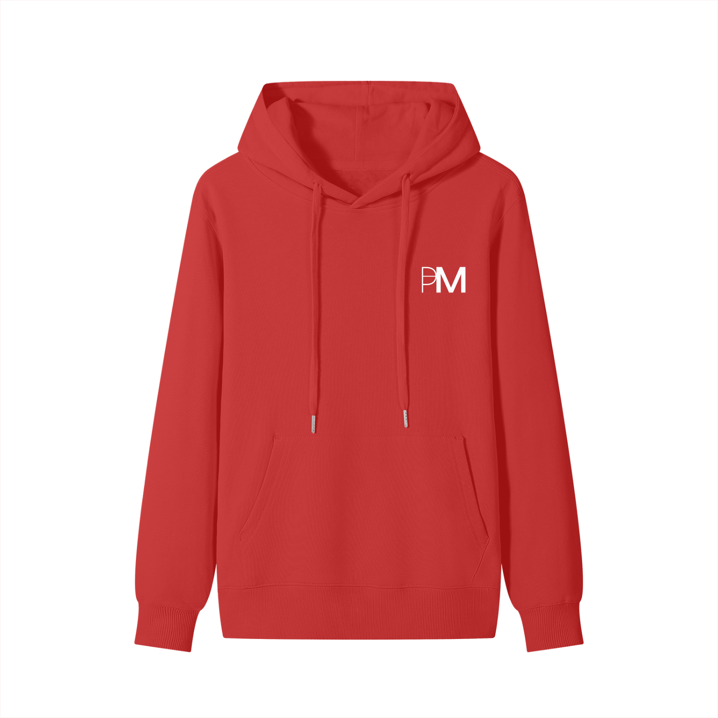 Red hoodie with a logo on the chest against a white background