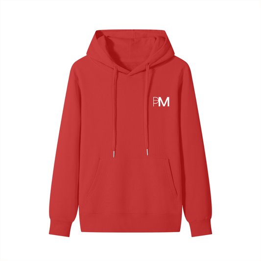Red hoodie with a logo on the chest against a white background