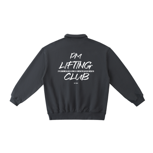 Black collared sweatshirt with 'PM Lifting Club' text on the back against a white background