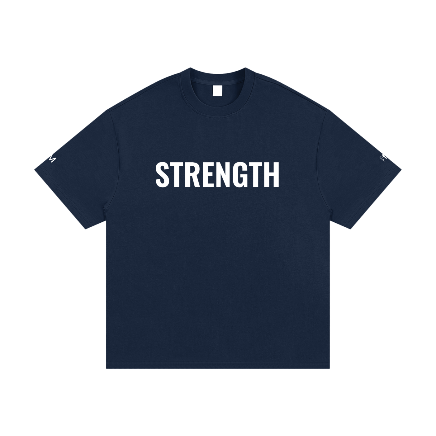 Navy blue t-shirt with 'STRENGTH' printed in white on a white background