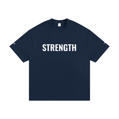 Navy blue t-shirt with 'STRENGTH' printed in white on a white background
