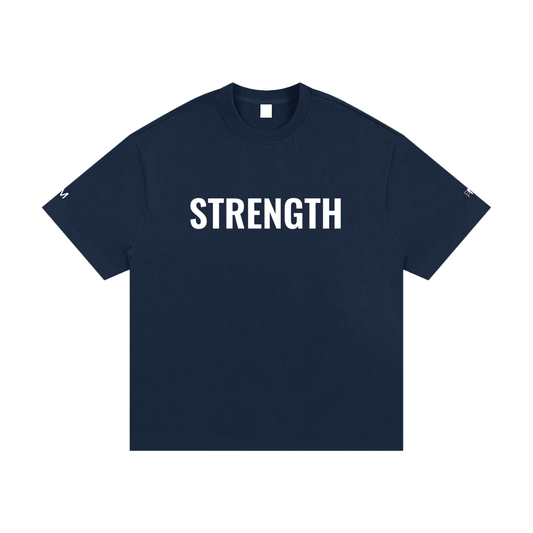 Navy blue t-shirt with 'STRENGTH' printed in white on a white background