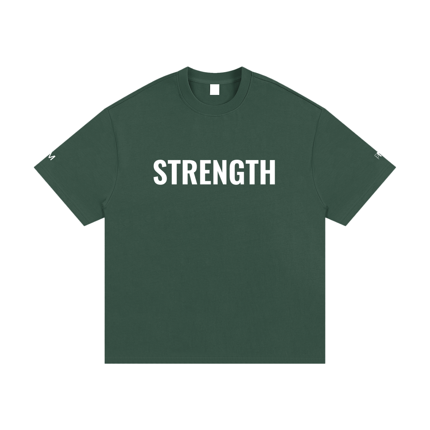 Green t-shirt with 'STRENGTH' printed on it against a white background