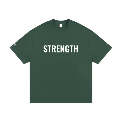 Green t-shirt with 'STRENGTH' printed on it against a white background