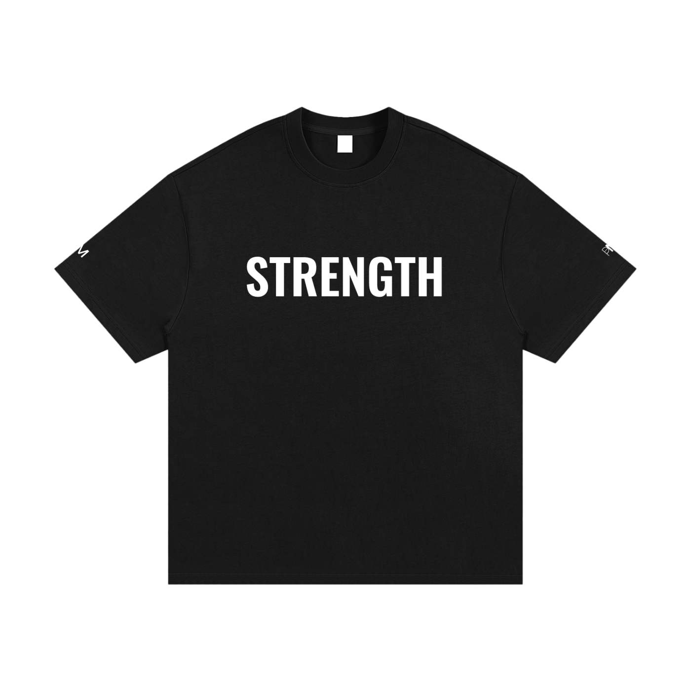 Black t-shirt with 'STRENGTH' printed in white on a white background