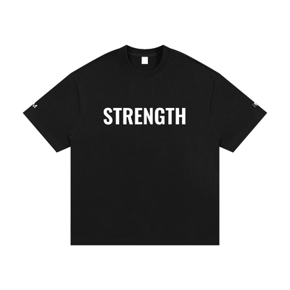 Black t-shirt with 'STRENGTH' printed in white on a white background