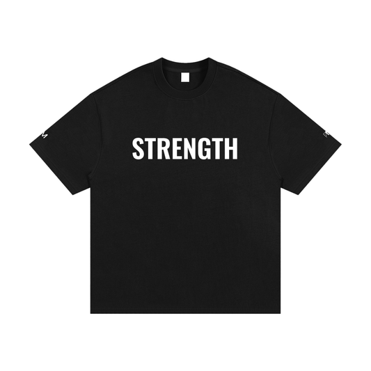 Black t-shirt with 'STRENGTH' printed in white on a white background