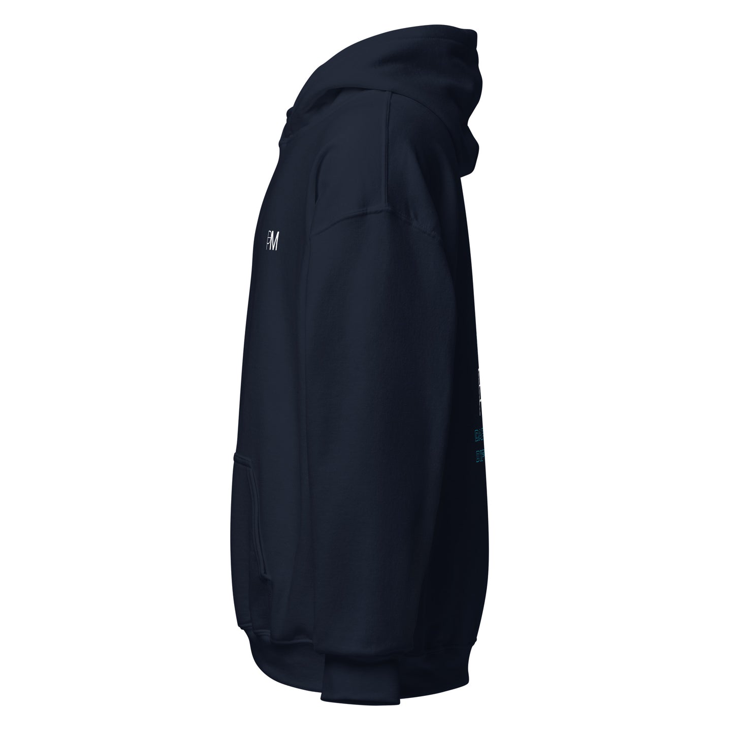 side image of blue hoodie