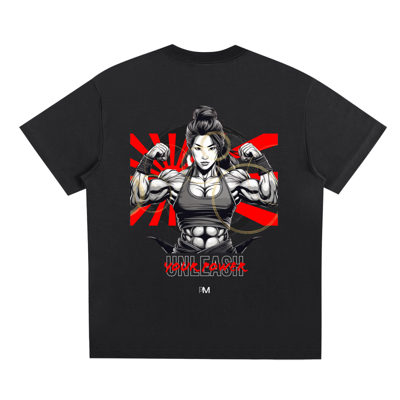 Black t-shirt with a graphic of a muscular woman flexing her muscles and the word 'UNLEASH' on a white background.