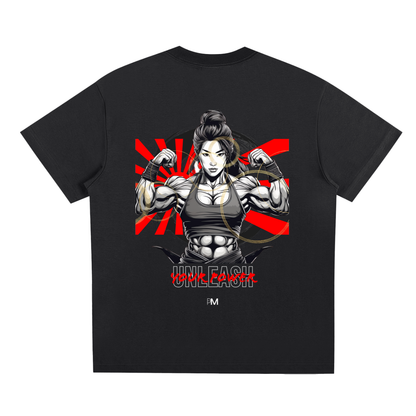 Black t-shirt with a graphic of a muscular woman flexing her muscles and the word 'UNLEASH' on a white background.