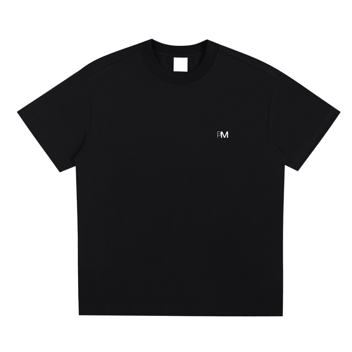 Black t-shirt with a small white logo on a white background