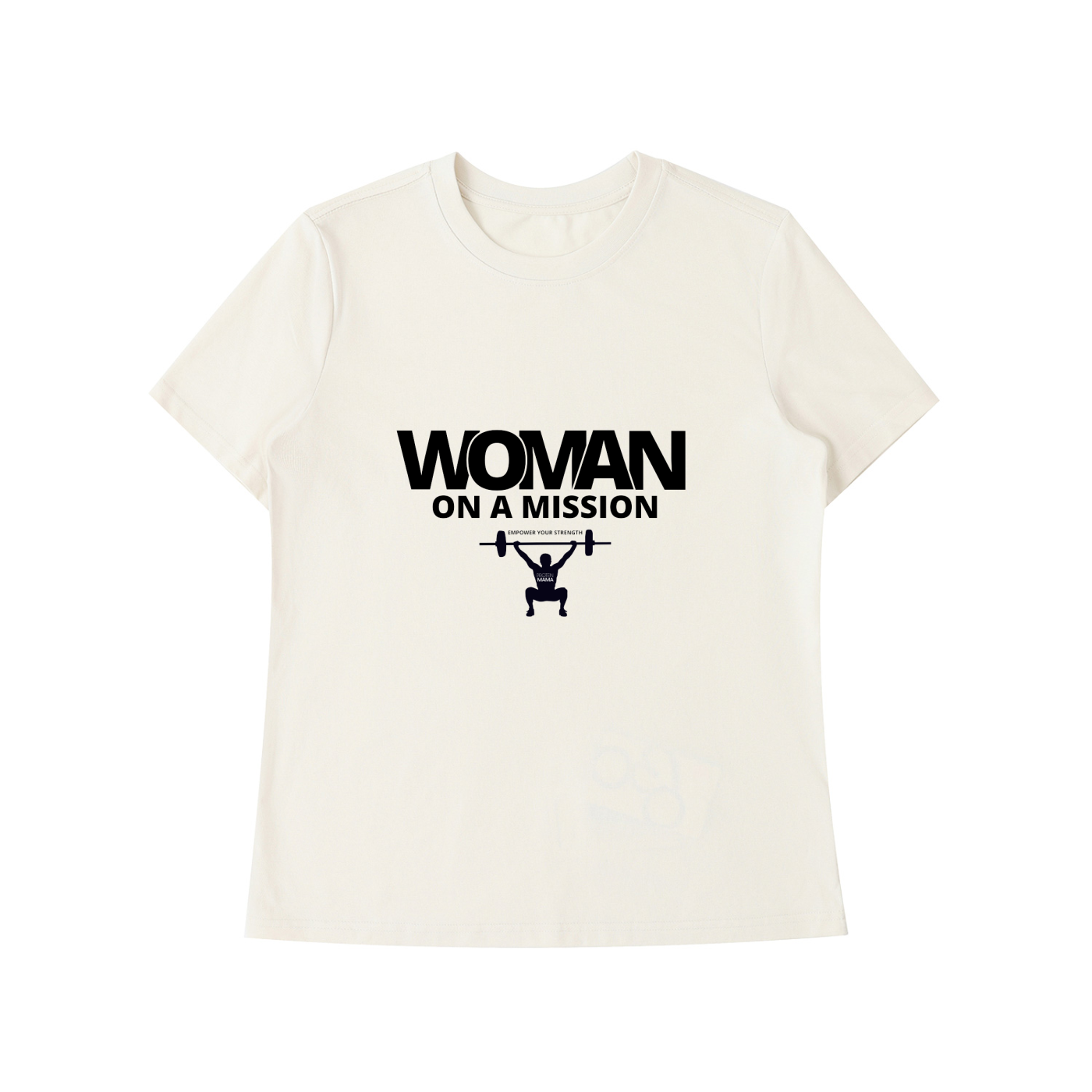 White t-shirt with 'Woman on a Mission' graphic design on a white background