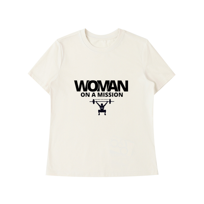 White t-shirt with 'Woman on a Mission' graphic design on a white background
