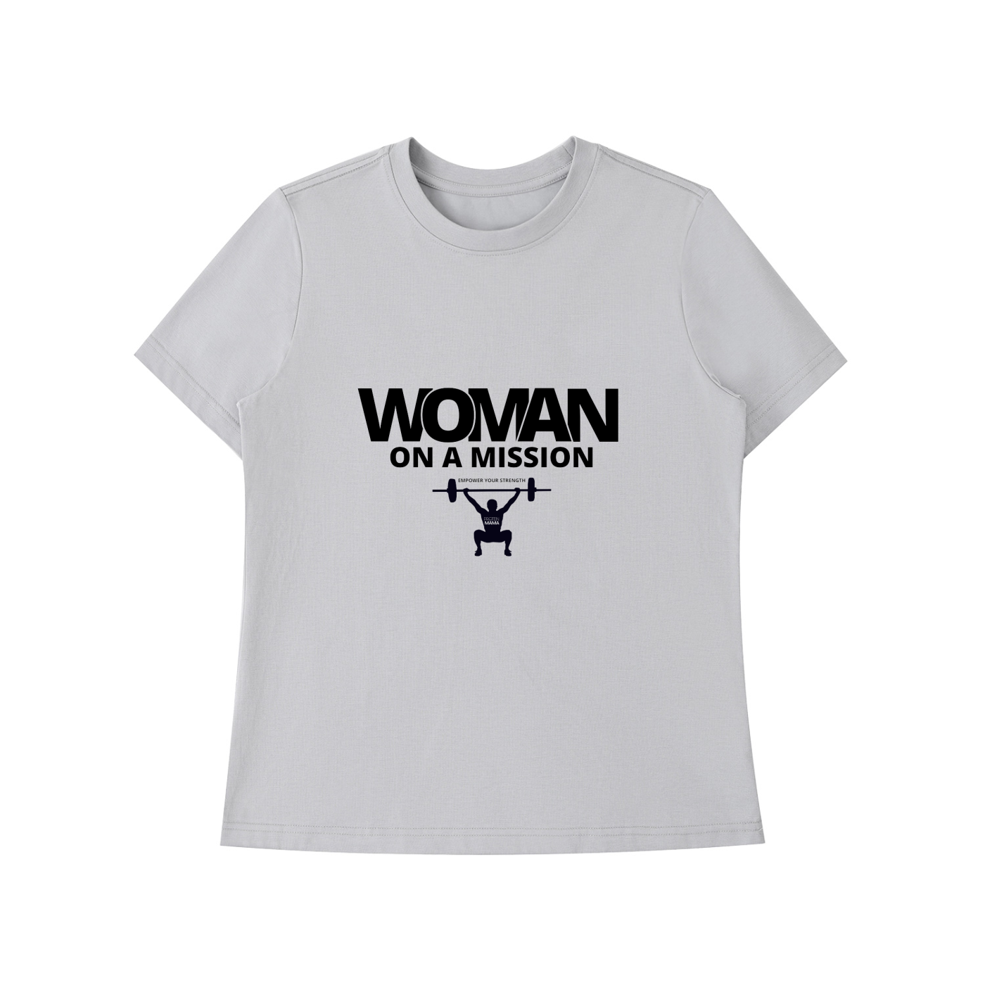Gray t-shirt with 'Woman on a Mission' graphic and text on a white background