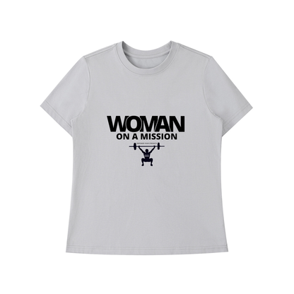 Gray t-shirt with 'Woman on a Mission' graphic and text on a white background