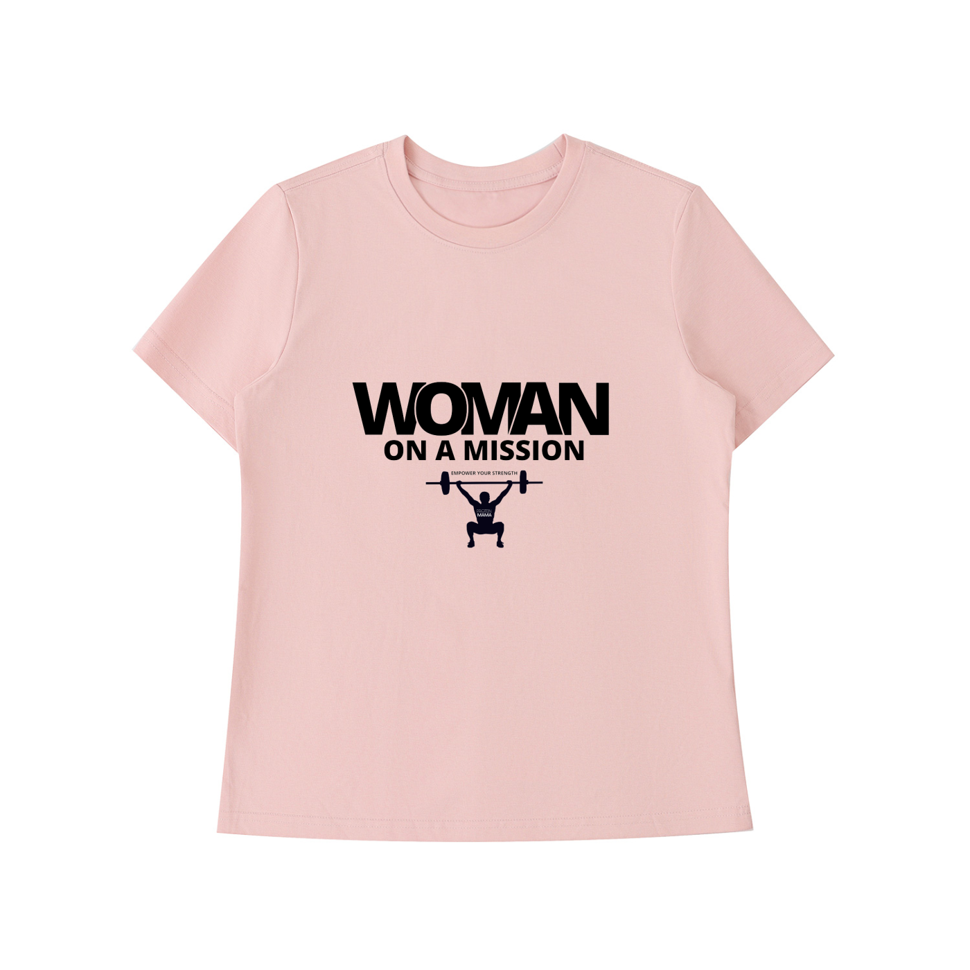 Pink t-shirt with 'Woman on a Mission' text and graphic on a white background